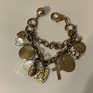 Brassy and sassy Charm Bracelet with 10 charms and large pearl on closure!